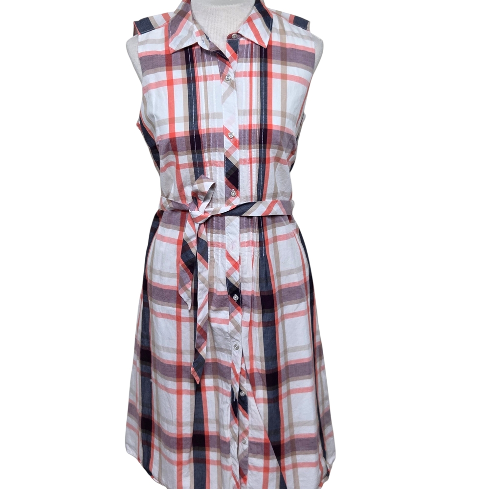 Tommy Hilfiger Sleeveless Button Up Belted Plaid Dress Size-M - Picture 2 of 13